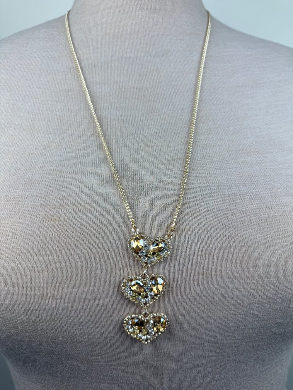 Alexa Rae Rhinestone Heart Drop Necklace Gold Tone 30"